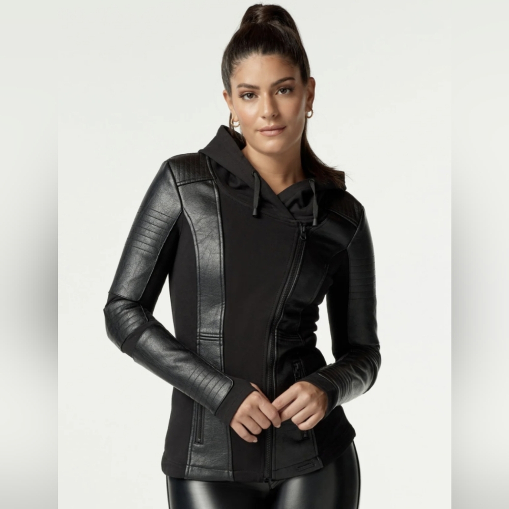 Blanc Noir Black Leather Jacket With Hoodie And Thumb Holes